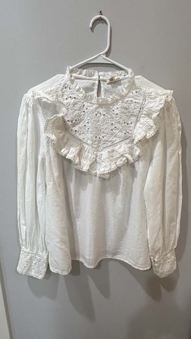 Women's White Eyelet Embroidered Ruffle Collar Long Sleeve Cotton Blouse